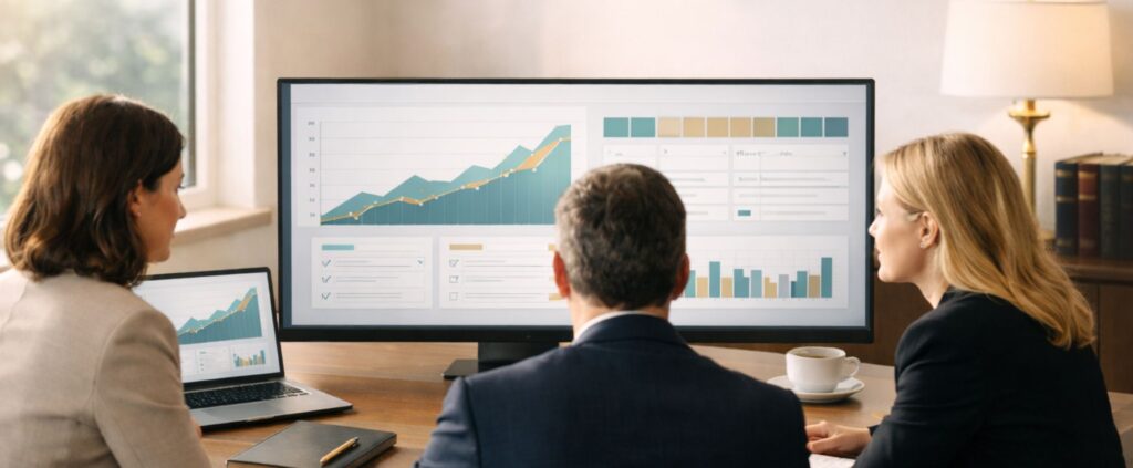 Three legal professionals looking at financial roadmap
