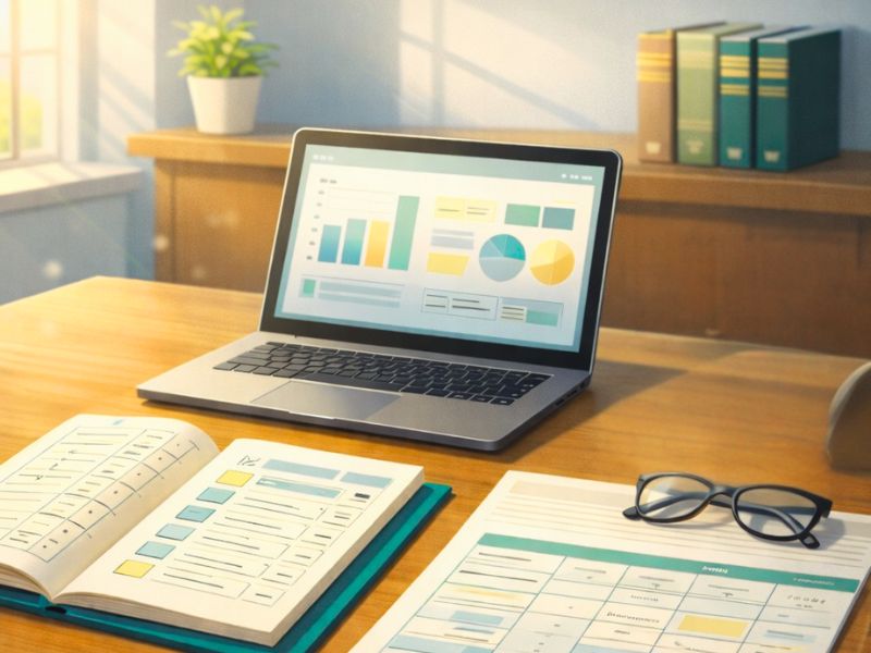 Law firm workspace with laptop and financial documents