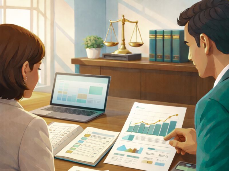 Bookkeeper and attorney discussing financial documents
