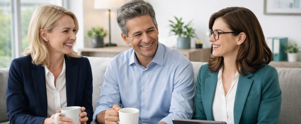 Three lawyers talking happily while sitting on a couch