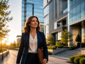 Confident attorney walking outside a building at sunrise