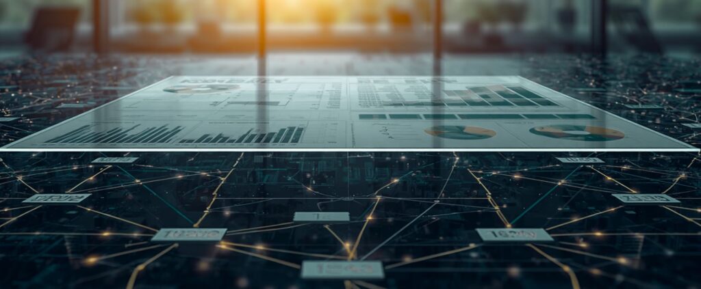 Financial documents with pie and bar charts connected by lines