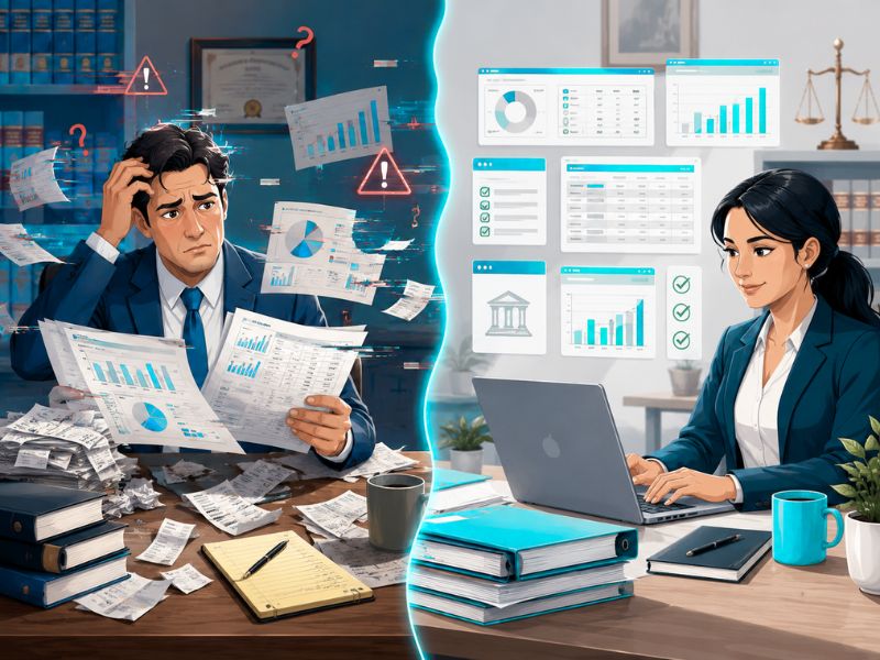 Overwhelmed attorney with financial documents contrasted with a calm, organized attorney
