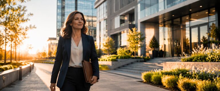 Confident attorney walking outside a building at sunrise