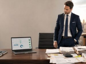 Attorney reviewing organized financial records beside a pile of files