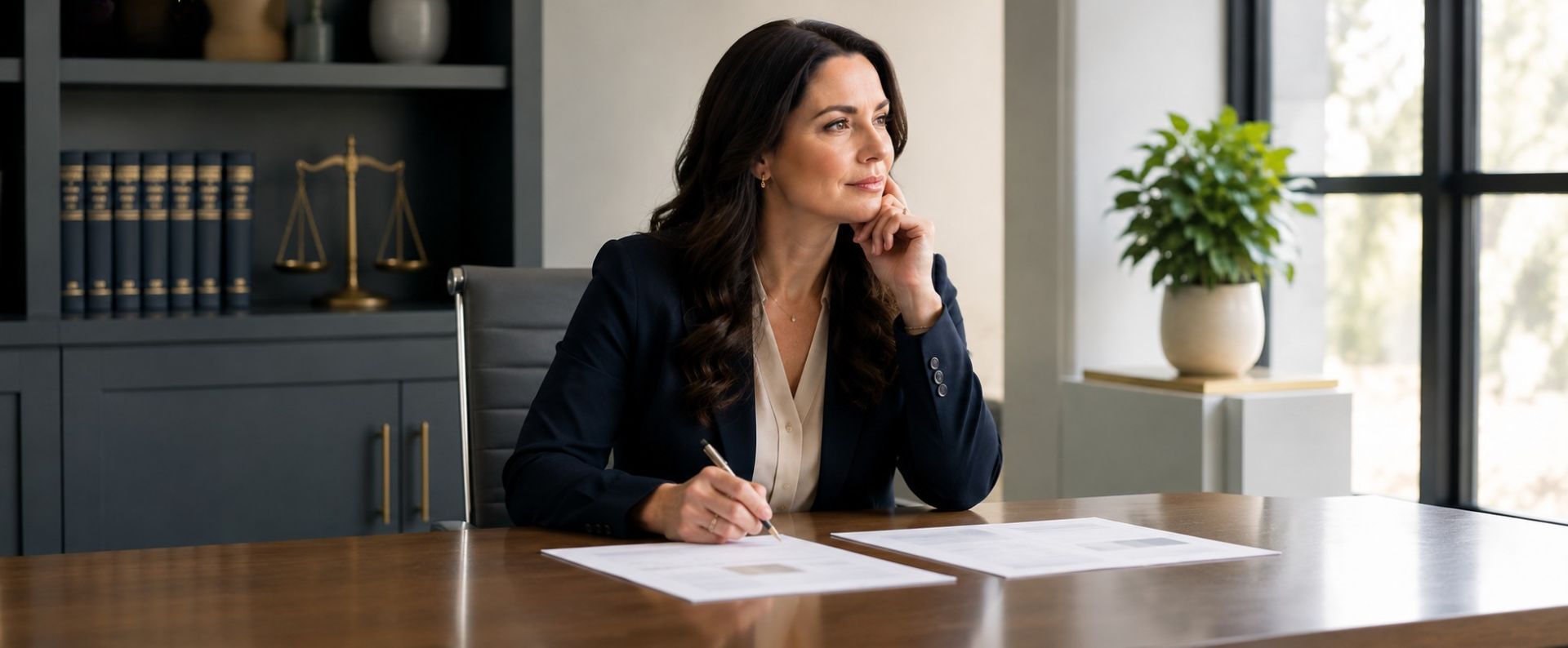 Attorney thoughtfully considering her law firm’s financial growth