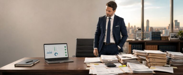 Attorney reviewing organized financial records beside a pile of files
