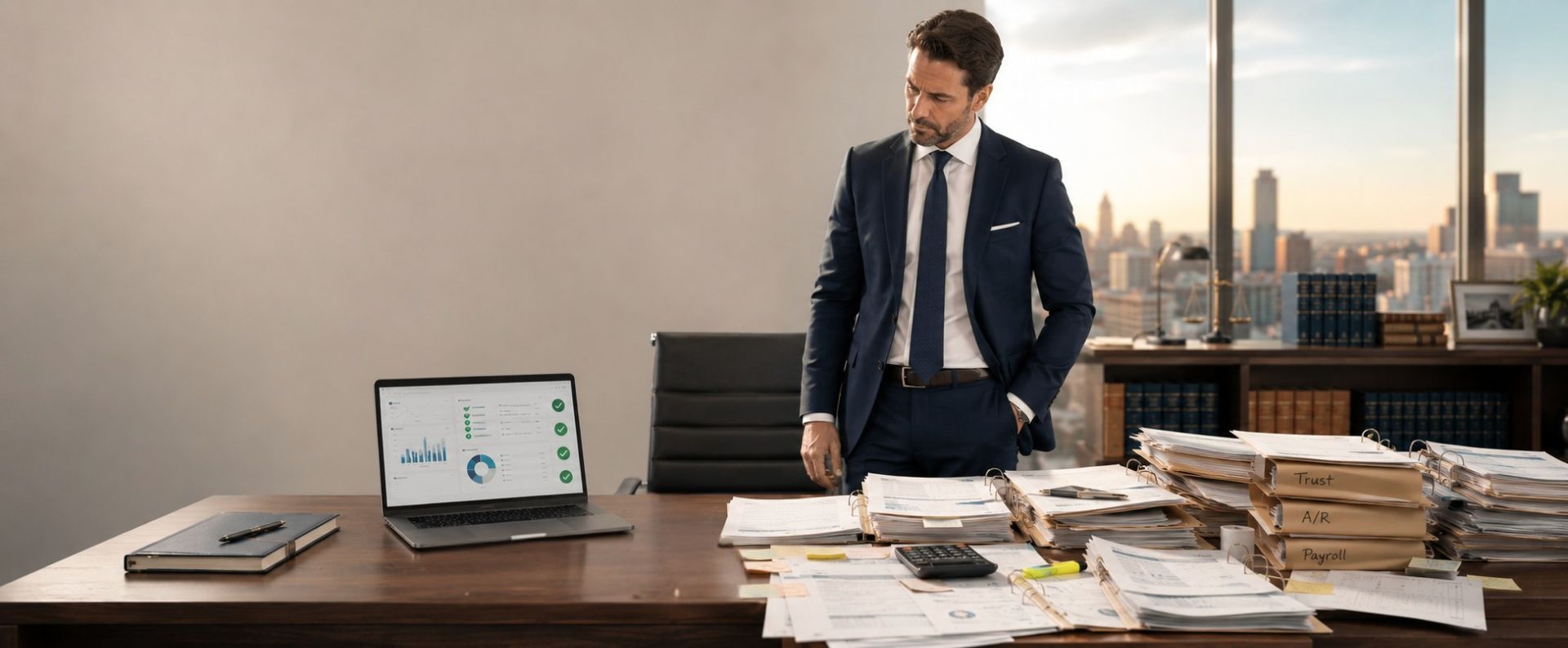 Attorney reviewing organized financial records beside a pile of files