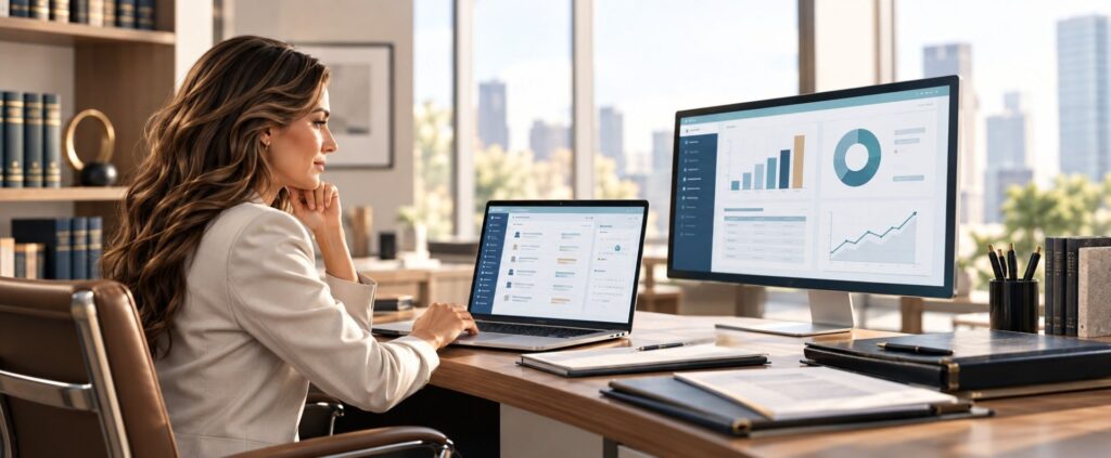 Female attorney reviewing information on a computer in her office