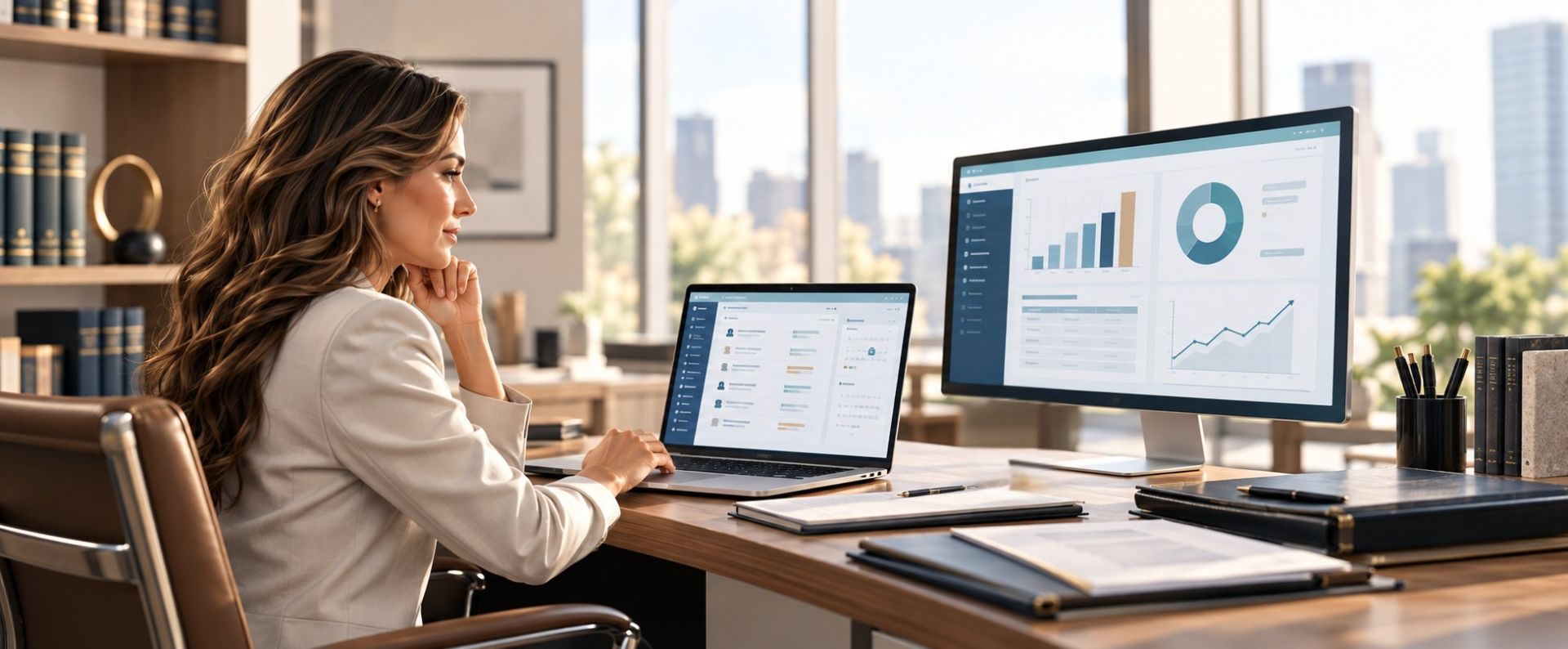 Female attorney reviewing information on a computer in her office